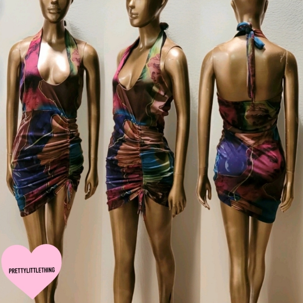 NWT Multi Abstract Print Mesh Halterneck Ruched Bodycon Dress Sz 8